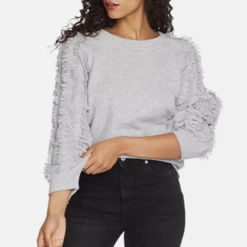 Cotton Bleu Women's Gray‎ Crewneck Fringe Sleeve Knit Sweater Size Small